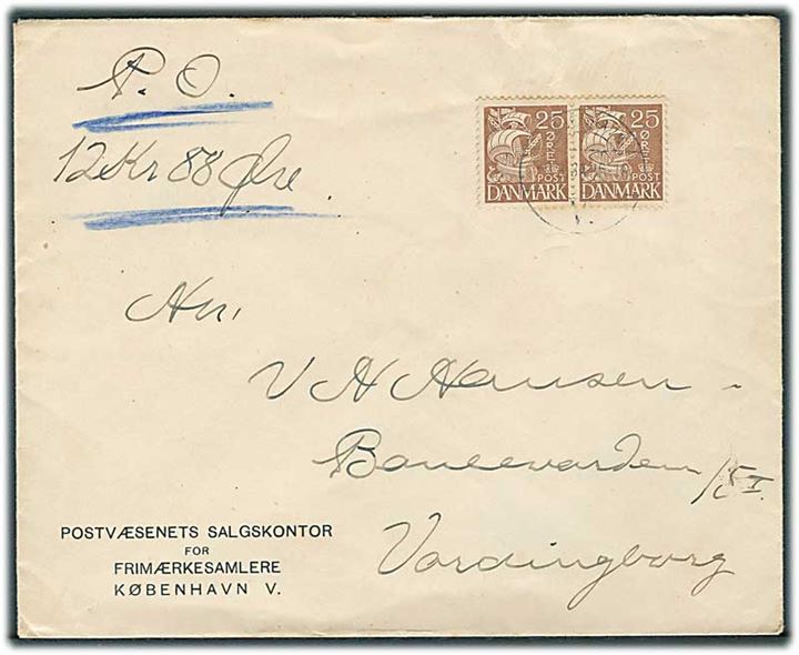 25 øre Karavel tysk papir i parstykke på brev med opkrævning fra København d. 9.3.1934 til Vordingborg.