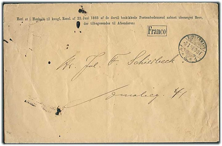 Returpostkuvert mærket Franco fra Generaldirektoratet for Postvæsnet sendt lokalt i Kjøbenhavn d. 9.3.1909.