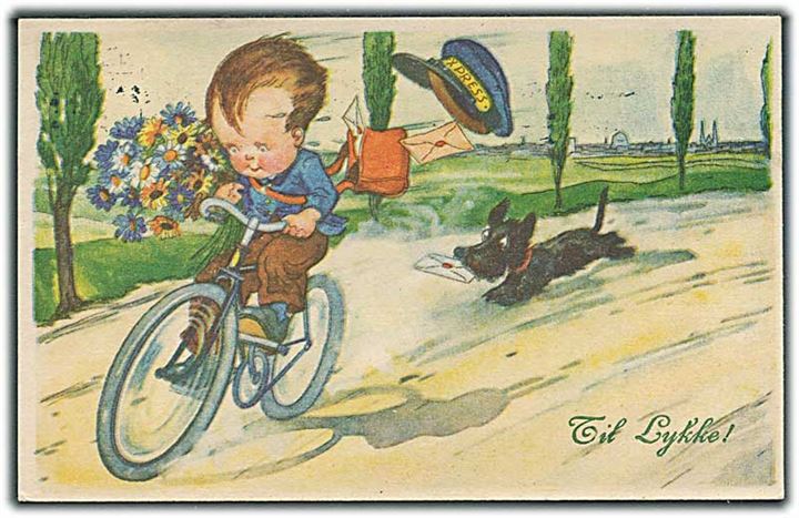 Til Lykke! Dreng på cykel med kasket: Xpress bliver jagtet af en hund. Amag no. 3498.