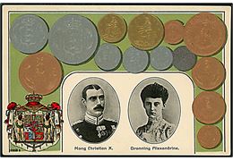 Chr. X og dronning Alexandrine på møntkort med danske mønter. H. Chr. Petersen no. 9910.