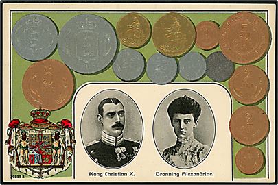 Chr. X og dronning Alexandrine på møntkort med danske mønter. H. Chr. Petersen no. 9910.