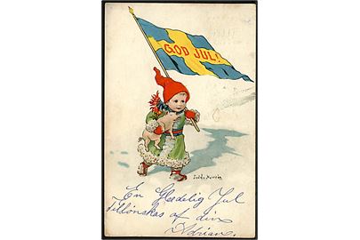 Jenny Nyström: Nissepige med flag og gris. God Jul!. A. Eliasson u/no. Brugt i Boston, USA 1905.