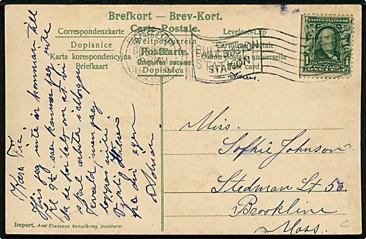 Jenny Nyström: Nissepige med flag og gris. God Jul!. A. Eliasson u/no. Brugt i Boston, USA 1905.