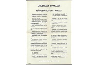 Flådestation København. Ordensbestemmelser for Flådestationens Arrest. Opslag dateret 11.9.1954. 29½x42 cm. Foldet.