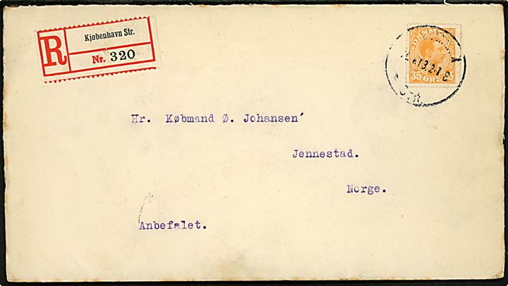 35 øre Chr. X single på anbefalet brev fra Kjøbenhavn Str. d. 11.4.1918 til Jennestad, Norge.