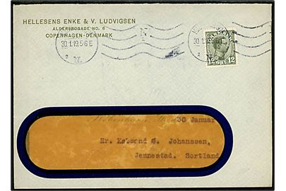 12 øre Chr. X single på illustreret firma rudekuvert fra Hellesens enke & V. Ludvigsen i Kjøåbenhavn N. d. 30.1.1919 til Jennestad, Sortland, Norge.