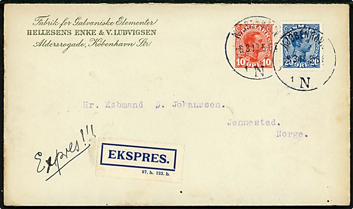 10 øre og 20 øre Chr. X på ekspresbrev fra Kjøebnhavn d. 6.3.1918 til Jennestad, Norge-
