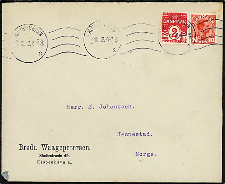 2 øre Bølgelinie og 10 øre Chr. X på 12 øre frankeret brev fra Kjøbenhavn d. 9.10.1918 til Jennestad, Norge.