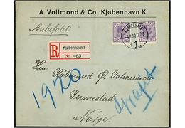 15 øre Chr. X (2) på anbefalet brev fra Kjøbenhavn d. 4.6.1920 til Jennestad, Norge. På bagsiden transit stemplet ved sejlende bureau. Lofotens og Vesteraalens Exp. A d. 9.6.1920.