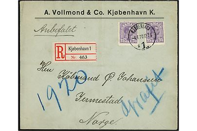 15 øre Chr. X (2) på anbefalet brev fra Kjøbenhavn d. 4.6.1920 til Jennestad, Norge. På bagsiden transit stemplet ved sejlende bureau. Lofotens og Vesteraalens Exp. A d. 9.6.1920.
