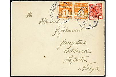 1 øre Bølgelinie (par) og 10 øre Chr. X på 12 øre frankeret brev annulleret med brotype IIIb Marstal d. 23.7.1918 til Jennestad, Sortland, Lofoten, Norge. 