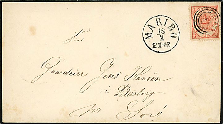 4 sk. Krone/Scepter på brev annulleret med svagt nr.stempel 41 og sidestemplet antiqua Maribo d. 18.2.1865 til Petersborg pr. Sorø.