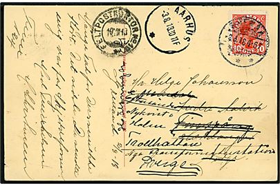 10 øre Chr. X på brevkort fra Grenaa d. 3.8.1918 via Aarhus d. 3.8.1918 til Hardanger, Norge - eftersendt til Trollhättan, Sverige med norsk feltpoststempel FELTPOSTKONTOR No. 19 (eller 10) d. 10.8.1918.