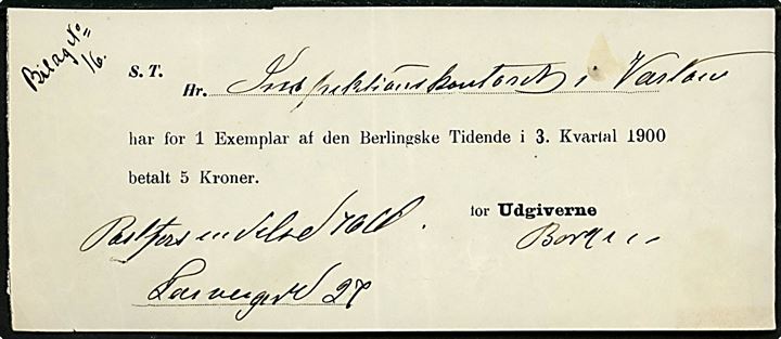 Kvittering for betaling af 5 kr. for Berlingske Tidende i 3. kvartal 1900.
