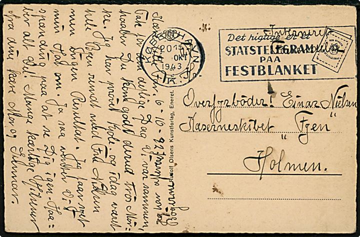 Ufrankeret lokalt brevkort påskrevet Interneret forsendelse fra København d. 6.10.1943 til Overfyrbøder ombord på Kaserneskibet Fyen, Holmen.