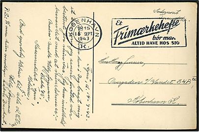 Ufrankeret lokalt brevkort påskrevet Interneret Forsendelse fra interneret Matros-Math ombord på Kaserneskibet Fyen på Holmen d. 14.9.1943 stemplet København d. 15.9.1943