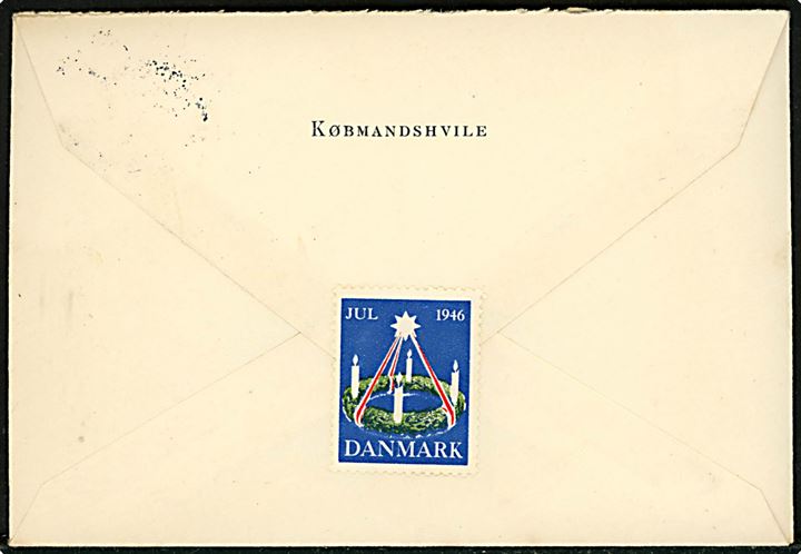 10 øre Chr. X i parstykke og Julemærke 1946 på fortrykt kuvert fra Købmandshvile (= Hørsholm Højskole) stemplet Hørsholm d. 20.12.1946 til Biskop, Dr. phil. C. J. Scharling, Kommandør af Dannebrog i Ribe. 