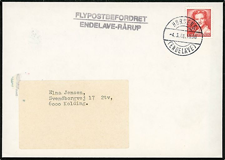 2,80 kr. Margrethe på is-luftpostbrev stemplet Horsens (Endelave) d. 4.3.1986 til Kolding. Liniestempel: Flypostbefordret Endelave - Rårup.