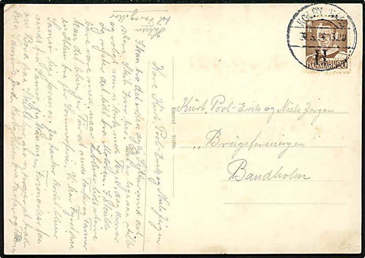 20 øre Fr. IX på brevkort (M/S Jylland - Kalundborg-Aarhus overfarten) annulleret med brotype Vd Kolby Kaas H. (= havn) d. 24.5.1954 til Bandholm.