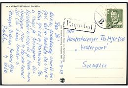 35 øre Fr. IX på brevkort (M/S Kronprinsesse Ingrid) annulleret brotype Vd Esbjerg B. sn1 d. 3.3.1959 og sidestemplet Paquebot til Svebølle.