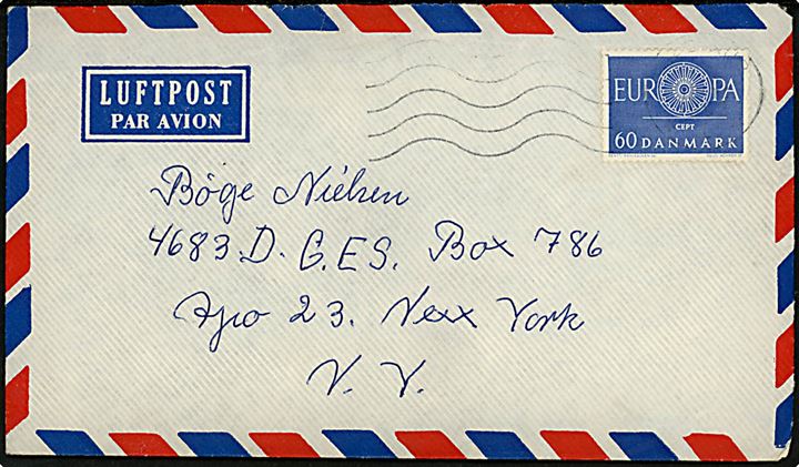 60 øre CEPT udg. single på luftpostbrev fra Kastrup 1962 til dansk arbejder på Thulebasen via amerikansk feltpostadresse APO 23, New York, USA.