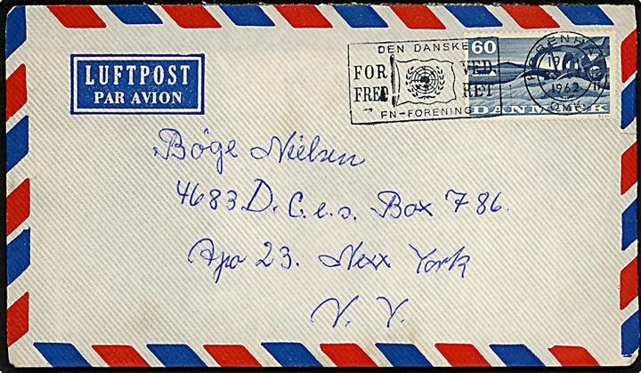 60 øre Landbrug single på luftpostbrev fra København d. 23.10.1962 til dansk arbejder på Thulebasen via amerikansk feltpostadresse APO 23, New York, USA.