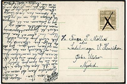 3 øre Bølgelinie annulleret med blækkryds på lokalt brevkort dateret d. 7.5.1907 til Øster Ulsted pr. Nysted.