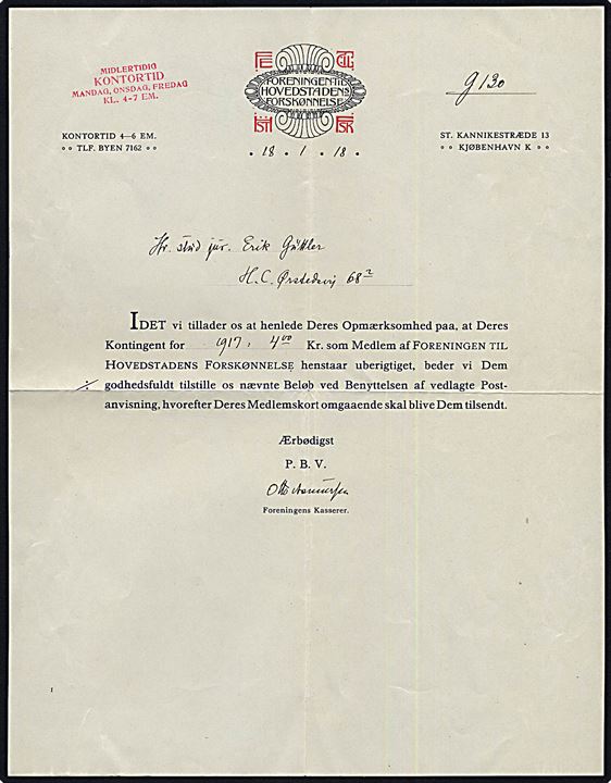 5 øre Chr. X single på lokalbrev i Kjøbenhavn d. 18.1.1918. Sendt fra Foreningen til Hovedstadens Forskønnelse vedr. årligt kontingent og medlemskort for 1918.
