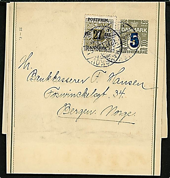 5/3 øre provisorisk helsagskorsbånd (fabr. 22-C) opfrankeret med 27/1 øre Provisorium fra Nakskov d. 12.10.1919 til Bergen, Norge.