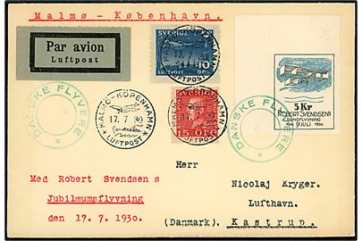 Svensk 10 öre Luftpost, 15 öre Gustaf og 5 kr. Robert Svendsen Sundflyvning mærkat på luftpostbrev annulleret Malmö-Köpenhavn * Luftpost * d. 17.7.1930 til Kastrup, Danmark.
