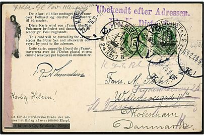 5 øre Posthorn i parstykke på Polhavet brevkort annulleret både 1918 og igen d. 4.8.1924 til København, Danmark. Modtaget i København 1926 med stempel Ubekendt efter Adressen.