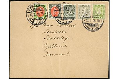 1 eya, 4 aur Chr. X, 3 aur, 5 aur og 7 aur Jochumsson på 20 aur frankeret brev fra Fyrinspektionsskibet Argus annulleret Reykjavik d. 12.7.1936 til Tisvildeleje, Danmark.