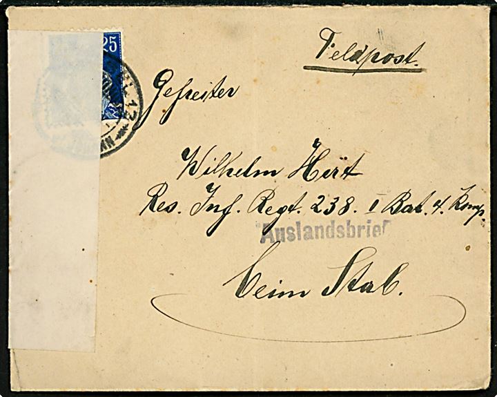 25 c. Helvetia på feltpostbrev fra Basel 1917 til tysk feltpostadresse. Åbnet af tysk censur i Frankfurt med liniestempel Auslandsbrief.