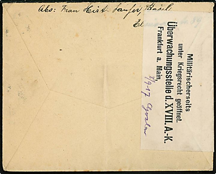 25 c. Helvetia på feltpostbrev fra Basel 1917 til tysk feltpostadresse. Åbnet af tysk censur i Frankfurt med liniestempel Auslandsbrief.