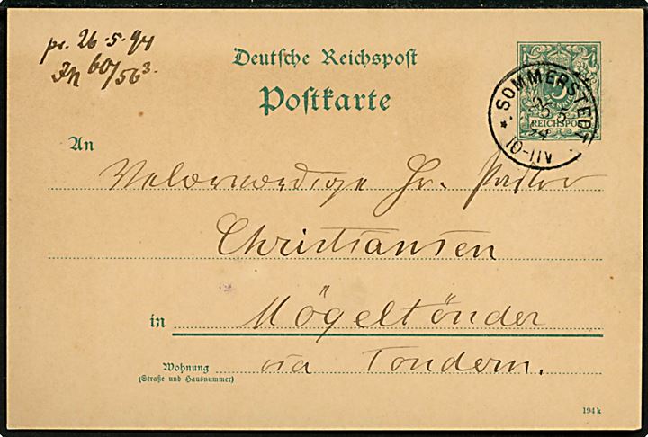 5 pfg. helsagsbrevkort annulleret med enringsstempel Sommerstedt d. 26.5.1894 til Møgeltønder.