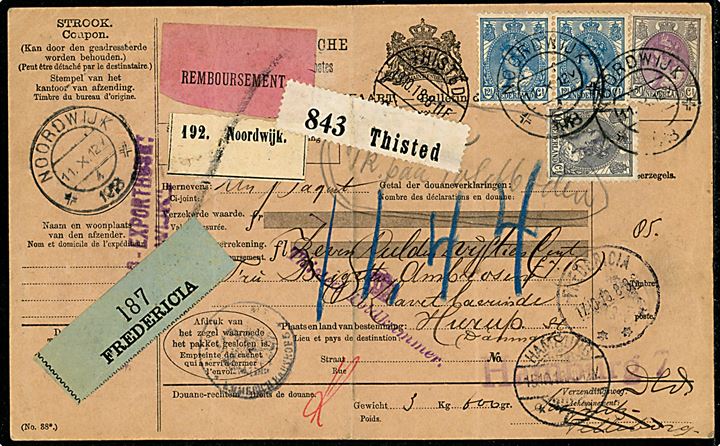 10 c., 12½ c. (par) og 50 c. Wilhelmina på internationalt adressekort for pakke med postopkrævning fra Noordwijk d. 11.10.1912 via Emmerich, Hamburg, Fredericia, Thisted til Hurup, Danmark. 