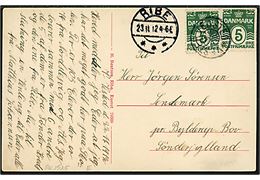 5 øre Bølgelinie (2) på brevkort (Vester Vedsted Efterskole) annulleret med stjernestempel VESTER VEDSTED og sidestemplet Ribe d. 23.11.1912 til Bylderup-Bov, Sønderjylland.