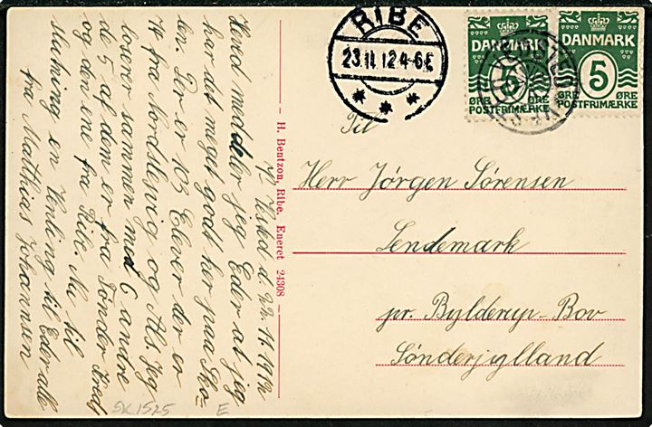 5 øre Bølgelinie (2) på brevkort (Vester Vedsted Efterskole) annulleret med stjernestempel VESTER VEDSTED og sidestemplet Ribe d. 23.11.1912 til Bylderup-Bov, Sønderjylland.