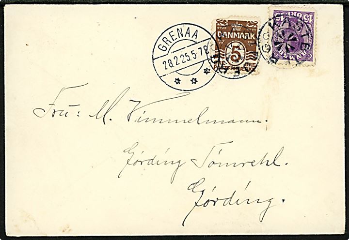 5 øre Bølgelinie og 15 øre Chr. X (begge defekte) på brev annulleret med stjernestempel KASTBJERG og sidestemplet Grenaa d. 28.2.1925 til Gørding.