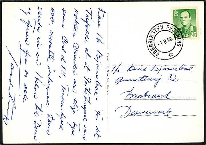 25 øre Olav på brevkort (Udsigt fra Frederiksten Festning) annulleret med 2-ringsstempel Frederiksten Festning d. 1.8.1958 til Brabrand, Danmark.