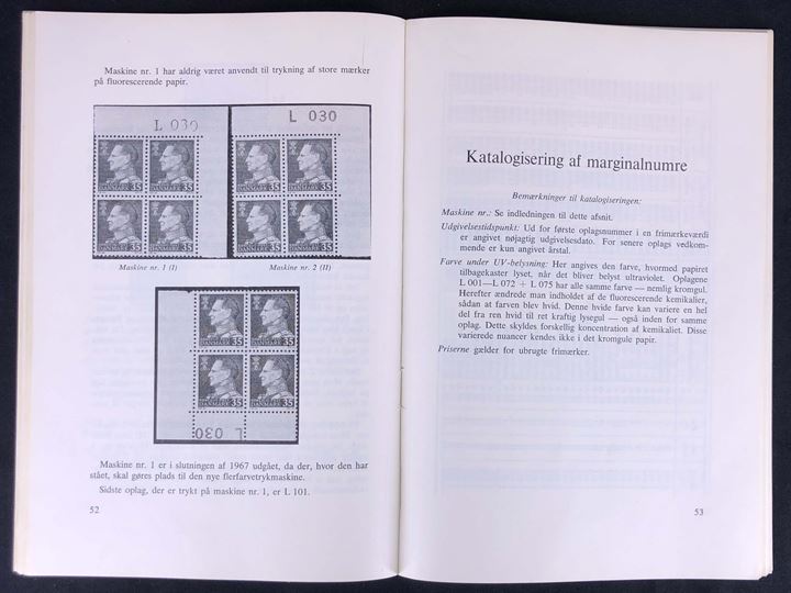 Danmarks fluorescerende Frimærker af Jørgen Rasmussen. Specialkatalog 1969 på  92 sider med afsnit med helsager.