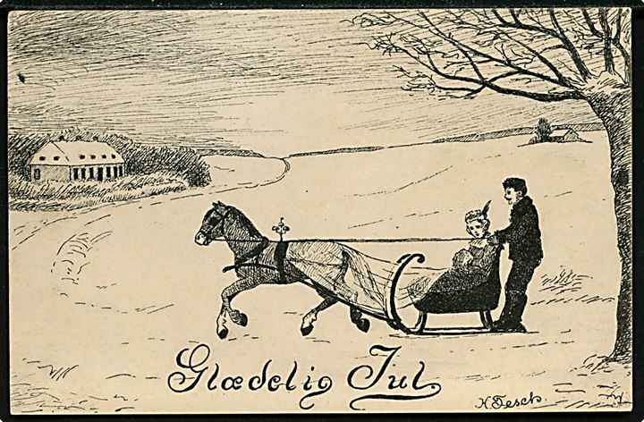 Helga Tesch: Julekort, par på hestetrukken slæde. Frederiksberg Postkortlager u/no. 