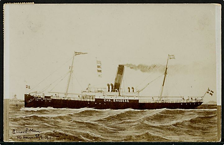 Chr. Broberg, S/S, DFDS fragtskib. Gengivelse efter maleri af Einar S. Olsen 1910. Anvendt fra England 1912. 
