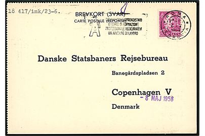 35 øre Chr. X med perfin DSB på internationalt svarbrevkort annulleret med italiensk stempel i Roma d. 2.5.1958 til Danske Statsbaners Rejsebureau i København, Danmark.
