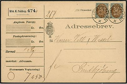 16 øre Tofarvet (par) med perfin Th. W & V. på adressebrev for pakke fra firma Th. Wessel & Vett annulleret med lapidar Kjøbenhavn PPK d. 5.11.1891 til Vett & Wessel i Rudkjøbing.