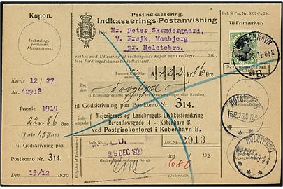 30 øre Chr. X med perfin MLU på retur Indkasserings-Postanvisning fra Mejeriernes og Landbrugets Ulykkesforsikring Kjøbenhavn B. d. 16.12.1920 til Maabjerg pr. Holstebro. Retur som ikke indløst.
