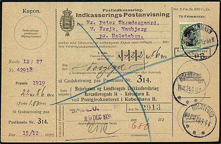 30 øre Chr. X med perfin MLU på retur Indkasserings-Postanvisning fra Mejeriernes og Landbrugets Ulykkesforsikring Kjøbenhavn B. d. 16.12.1920 til Maabjerg pr. Holstebro. Retur som ikke indløst.