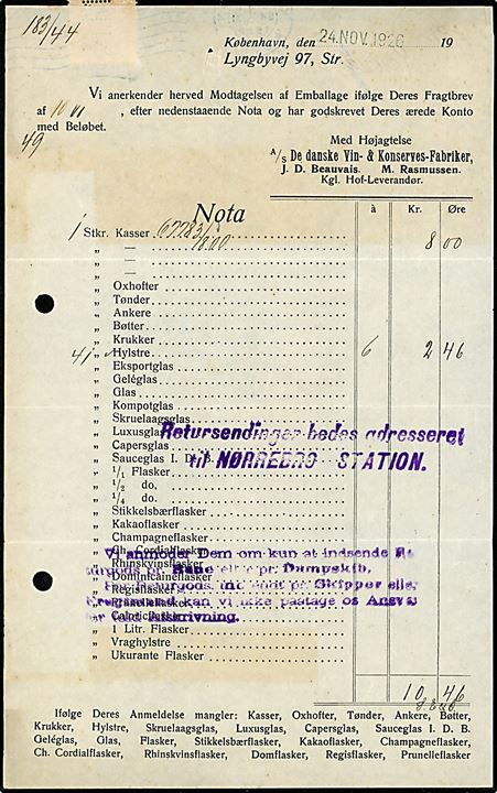 20 øre Chr. X med perfin M.R. på foldet nota fra A/S De danske Vin- og Konserves Fabriker J. D. Beauvais og M. Rasmussen stemplet København *OMK* d. 24.11.1926 til Brande.
