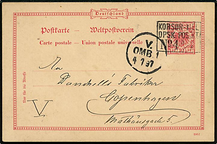 Tysk 10 pfg. helsagsbrevkort fra Kiel annulleret med dampskibsstempel Korsør-Kiel DPSK:POSTKT: No. 4 d. 3.7.1897 til Kjøbenhavn, Danmark.  