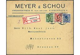 5 øre, 10 øre og 20 øre Chr. X med perfin M.&S. på firmakuvert fra Meyer & Schou sendt anbefalet fra Kjøbenhavn *III.* d. 26.6.1915 til Dresden, Tyskland.